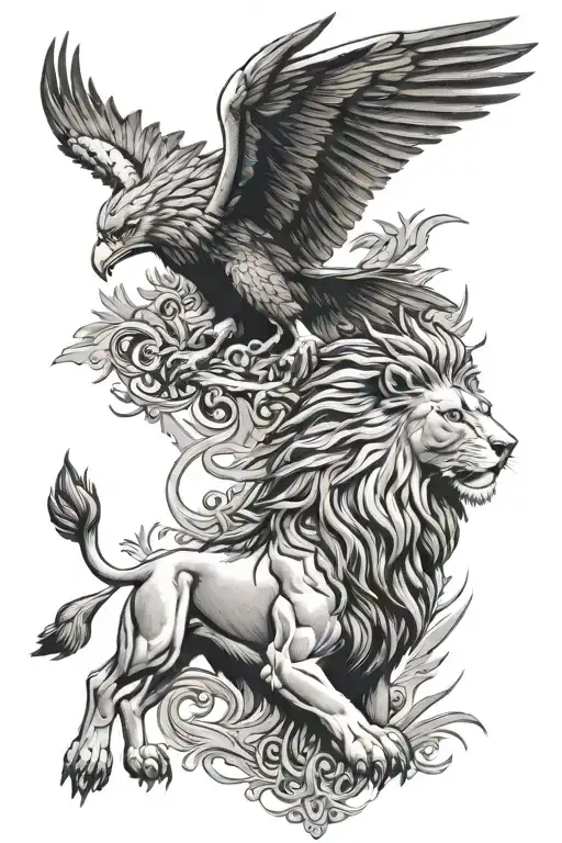 lion and eagle facing opposite directions  tattoo design idea