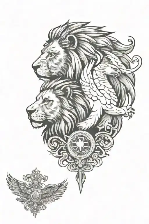 lion and eagle facing opposite directions  tattoo design idea