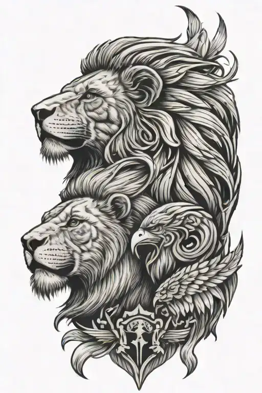 lion and eagle facing opposite directions  tattoo design idea