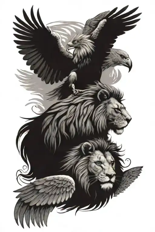 lion and eagle facing opposite directions  tattoo design idea