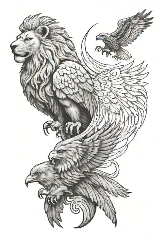 lion and eagle facing opposite directions  tattoo design idea