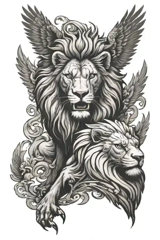 lion and eagle facing opposite directions  tattoo design idea