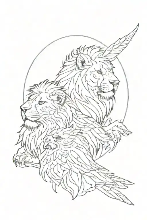 lion and eagle facing opposite directions  tattoo design idea