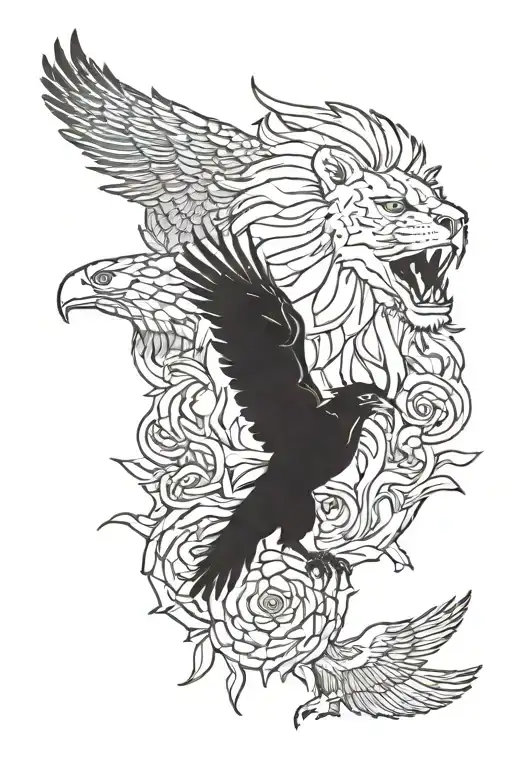 lion and eagle facing opposite directions  tattoo design idea