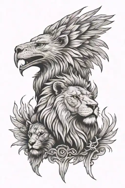 lion and eagle facing opposite directions  tattoo design idea