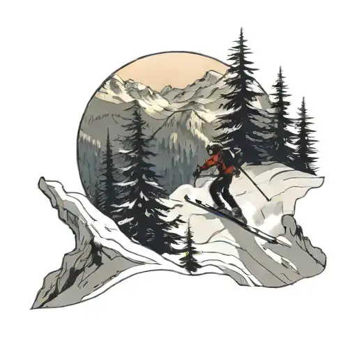 Skier skiing down the mountain with trees and mountains in the background  tattoo design idea