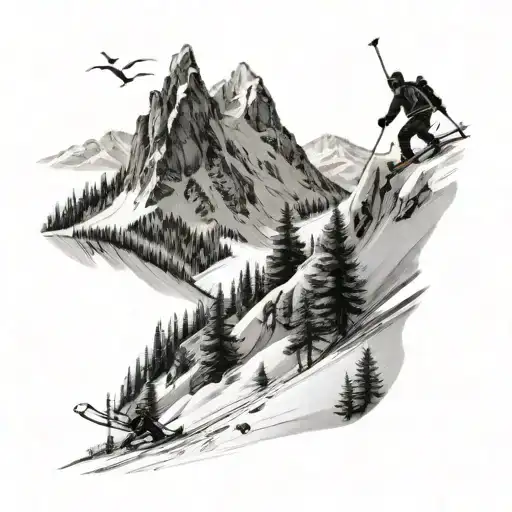 skiers skiing up the mountains with mountains and trees in the background  tattoo design idea