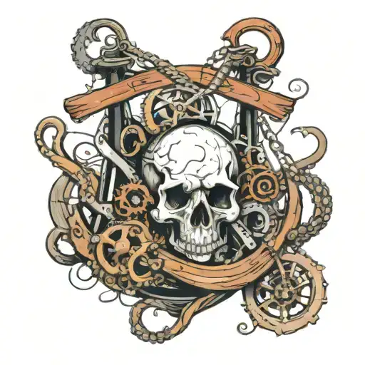 a skull entwined with an octopus, on a large ship anchor, sharks swimming below, abstraction, 8k tattoo design idea