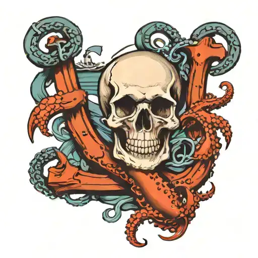 a skull entwined with an octopus, on a large ship anchor, sharks swimming below: 8k tattoo design idea