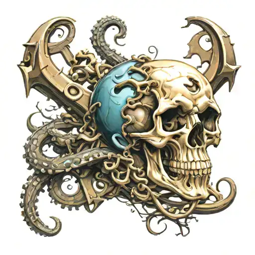 a skull entwined with an octopus, on a large ship anchor, sharks swimming below, abstraction, 8k tattoo design idea
