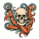 a skull entwined with an octopus, on a large ship anchor, sharks swimming below: 8k tattoo design idea