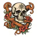 a skull entwined with an octopus, on a large ship anchor, sharks swimming below: 8k tattoo design idea