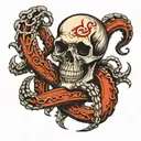 a skull entwined with an octopus, on a large ship anchor, sharks swimming below: 8k tattoo design idea