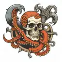 a skull entwined with an octopus, on a large ship anchor, sharks swimming below: 8k tattoo design idea