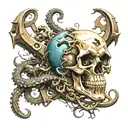 a skull entwined with an octopus, on a large ship anchor, sharks swimming below, abstraction, 8k tattoo design idea