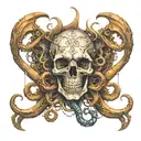 a skull entwined with an octopus, on a large ship anchor, sharks swimming below, abstraction, 8k tattoo design idea