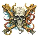 a skull entwined with an octopus, on a large ship anchor, sharks swimming below, abstraction, 8k tattoo design idea