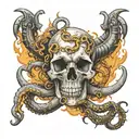 a skull entwined with an octopus, on a large ship anchor, sharks swimming below, abstraction, 8k tattoo design idea