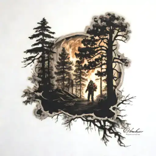 A realism tattoo of a forest fire scene with a subtle silhouette of a daughter in the background, reflecting the love for family and the intensity of firefighting tattoo design idea
