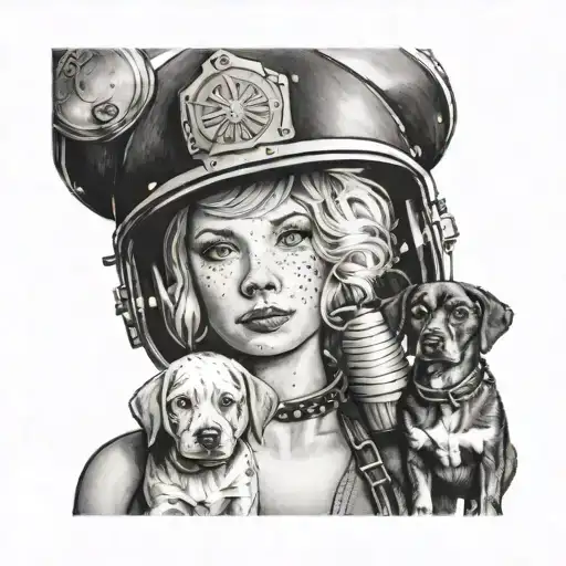 A portrait-style tattoo of your daughter and dogs in a dotwork design, with a firefighter helmet incorporated into the background tattoo design idea