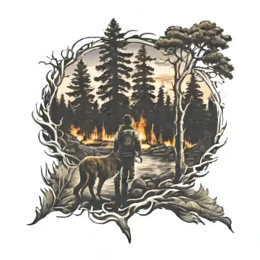 A realism tattoo of a forest fire scene with a subtle silhouette of a daughter in the background, reflecting the love for family and the intensity of firefighting tattoo design idea