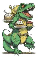 T. rex pastry chef holding a cupcake on a plate tattoo design idea
