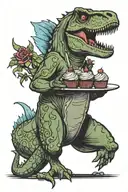 T. rex pastry chef holding a cupcake on a plate tattoo design idea