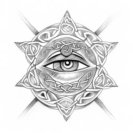 "Create a tattoo design merging Celtic mythology, the all-seeing eye, and the reincarnation of a past Celtic life. Blend tattoo design idea