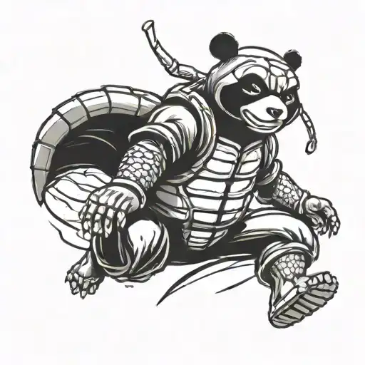 ninja panda wearing ninja turtles shell doing jump kick tattoo design idea