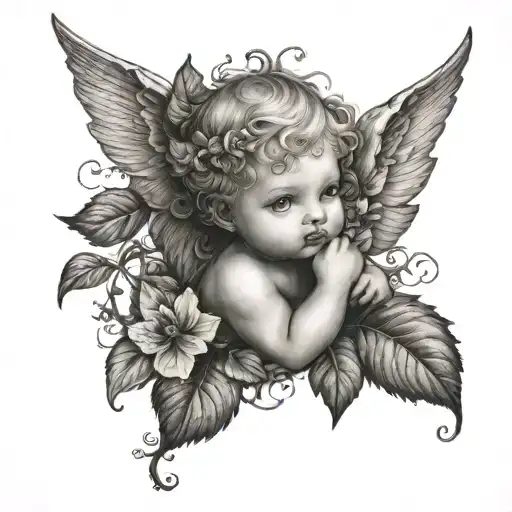 baby cupid inside ivy vines wrapped tattoo design idea