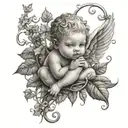 baby cupid inside ivy vines wrapped tattoo design idea