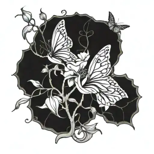 A botanical illustration of a moonflower vine intertwining with a butterfly in a blackwork style tattoo design idea