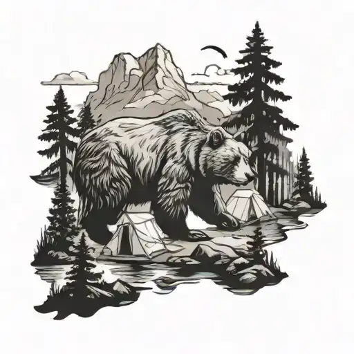 forest, camping, bear tattoo design idea