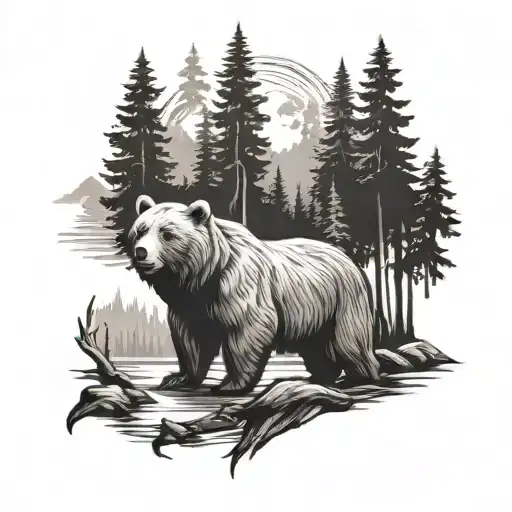 forest, camping, bears fishing tattoo design idea