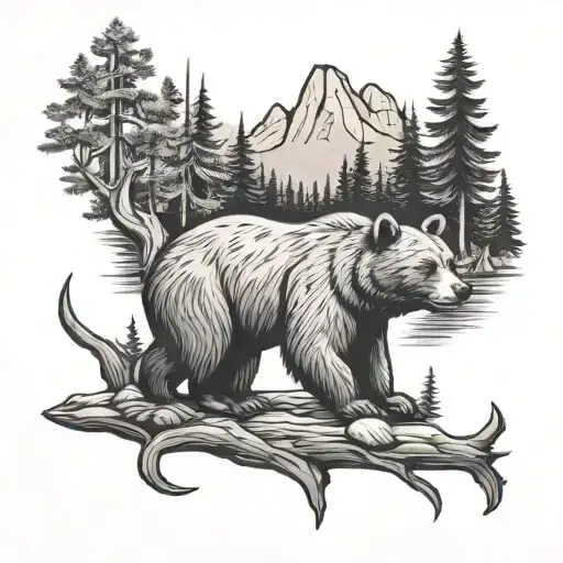 forest, camping, fishing bear tattoo design idea
