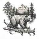 forest, camping, fishing bear tattoo design idea