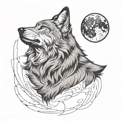 wolf howling facing up moon surrounded minimilist sketch black tattoo design idea