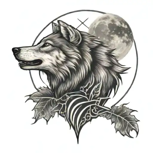 wolf howling facing up moon surrounded tattoo design idea