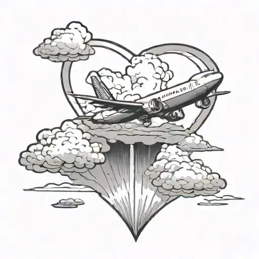 A runway leading to a heart-shaped cloud with an airplane flying through it tattoo design idea