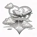 A runway leading to a heart-shaped cloud with an airplane flying through it tattoo design idea