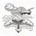 A runway leading to a heart-shaped cloud with an airplane flying through it tattoo design idea