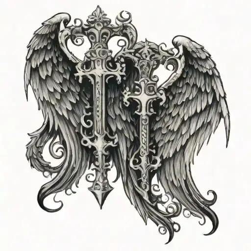 2demon wings having angels key in one wing and devil's keyhole  in another wing tattoo design idea