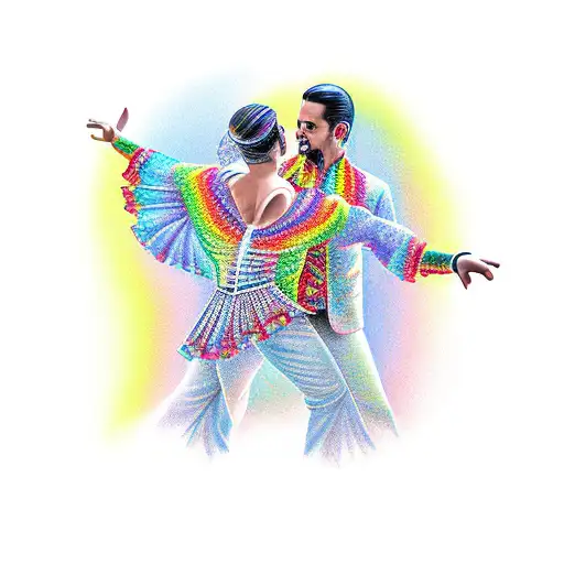 A realistic depiction of a gay couple dancing flamenco on a rainbow stage tattoo design idea