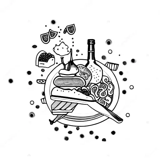 A minimalist tattoo of a plate of food with a rainbow-colored wine bottle next to it tattoo design idea