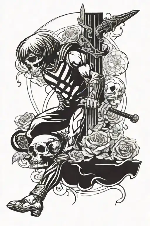 legs and darts and flower and he-man and skull tattoo design idea