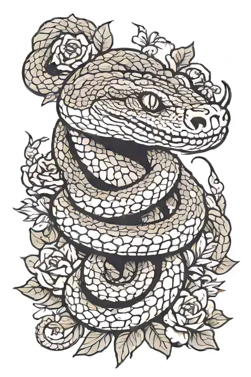 Scared Rattle snake coiled round dager with eye. surounded by thorns and flowers with eyes tattoo design idea
