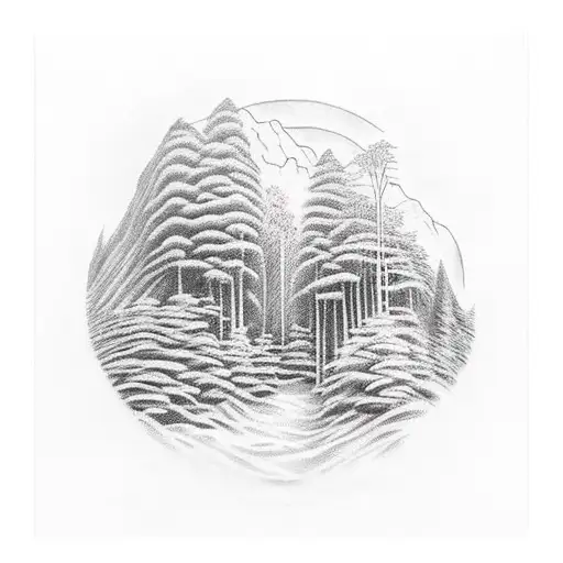 rainforest. vines.  Waterfall.  mountains.  sunset. tattoo design idea