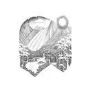 rainforest. vines.  Waterfall.  mountains.  sunset. tattoo design idea