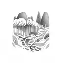 rainforest. vines.  Waterfall.  mountains.  sunset. tattoo design idea