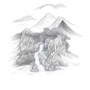 rainforest. vines.  Waterfall.  mountains.  sunset. tattoo design idea